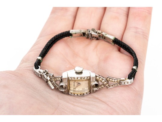 Hamilton Vintage Platinum And Diamond Case Wristwatch, Gold Filled Buckle, As-is