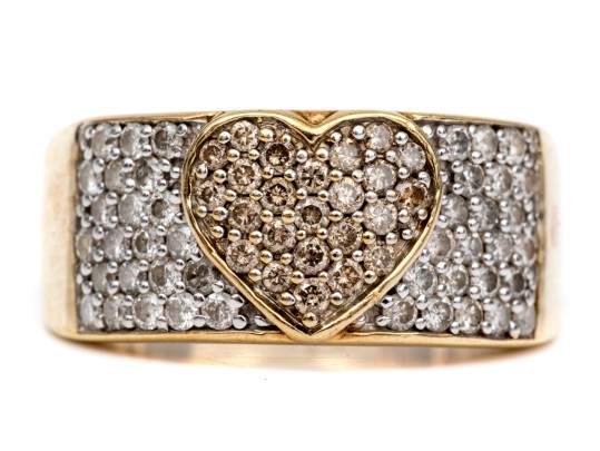 10k Yellow Gold Fun Brown And White Pave Diamond Heart Motif Ring, App. 0.98 TCW, Size 6.75+