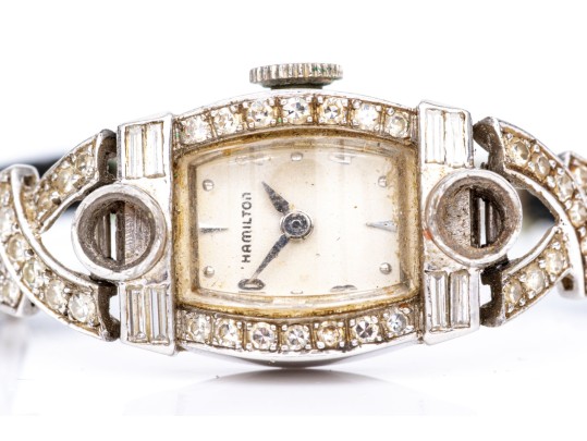 Hamilton Vintage Platinum And Diamond Case Wristwatch, Gold Filled Buckle, As-is