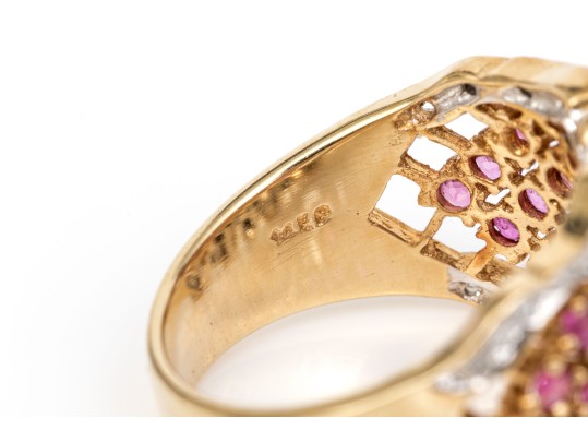 14k Gold Ultra Wide Ruby Set Lattice Patterned Dome Ring, Diamond Accented, Size 7.75+