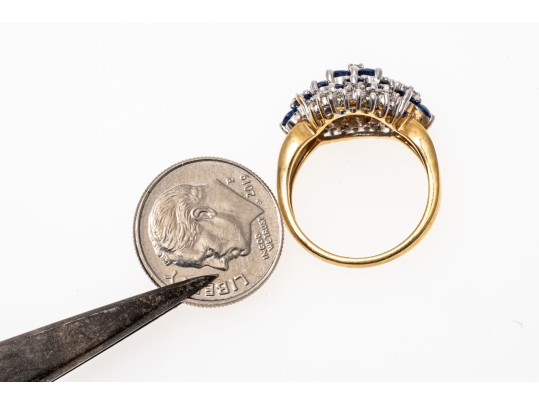 14k Yellow Gold Sapphire And Diamond Cluster Ring, App. 0.10 TCW In Diamonds, Size 5.75+