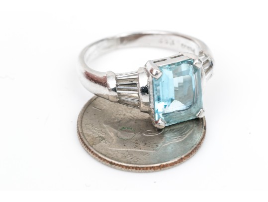Platinum Pretty Aquamarine And Baguette Diamond Ring, Size 5.25