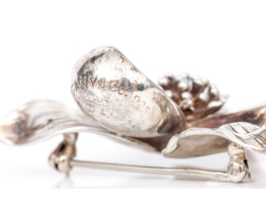 Tiffany & Co. Sterling Silver Beautiful Figural Orchid Brooch, With Suede Pouch