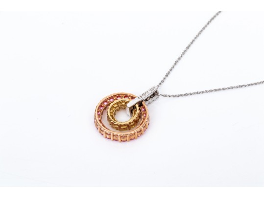 14k White Gold Nesting Pink And Yellow Sapphire And Diamond Circle Pendant Necklace