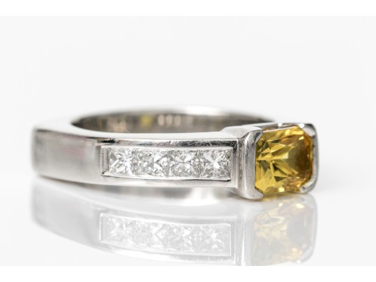 Platinum Beautiful Horizontal Profile Yellow Sapphire And Princess Cut Diamond Ring, Size 5+