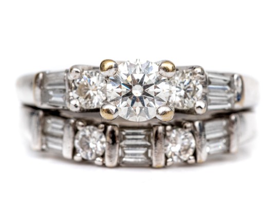 14k And 18k Round Baguette Diamond Ring, App. 1.07 TCW, With Attached Band, Size 4.5