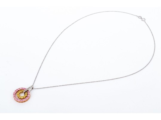 14k White Gold Nesting Pink And Yellow Sapphire And Diamond Circle Pendant Necklace