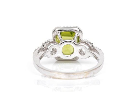 14k White Gold Lovely Emerald Cut Peridot And Diamond Halo Ring, App. 0.25 TCW, Size 7