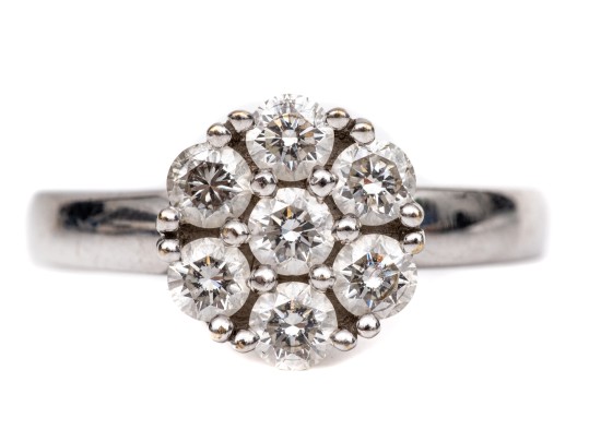 18k White Gold Pretty Round Diamond Cluster Ring, App. 0.70 TCW, Size 7