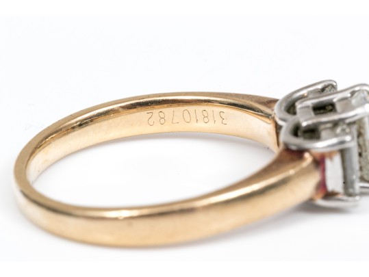 14k And Platinum Emerald Cut Diamond Three Stone Ring, App. 1.27 TCW, Size 7