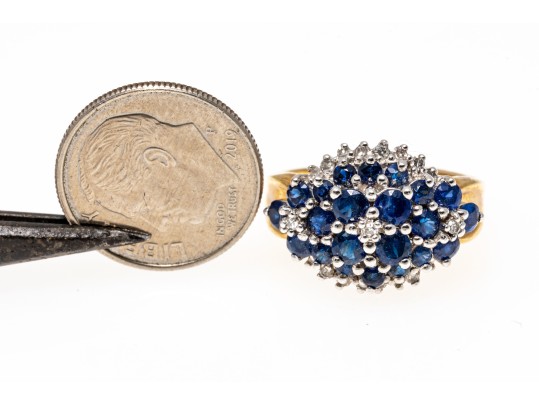 14k Yellow Gold Sapphire And Diamond Cluster Ring, App. 0.10 TCW In Diamonds, Size 5.75+
