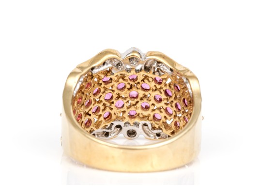 14k Gold Ultra Wide Ruby Set Lattice Patterned Dome Ring, Diamond Accented, Size 7.75+
