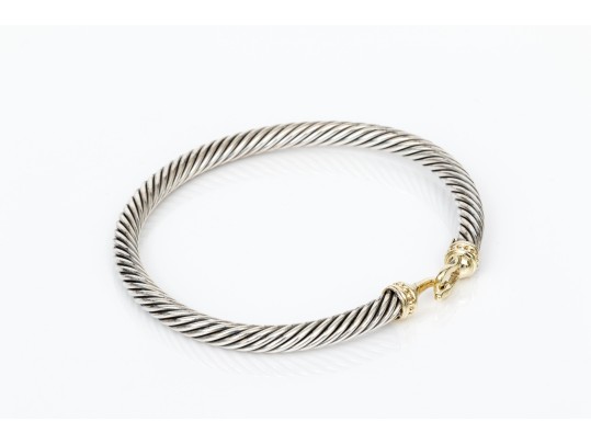 Sterling Silver Cable Bangle Bracelet With A 14k Yellow Gold Buckle Style Clasp