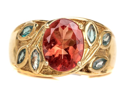 14k Yellow Gold Striking Sunstone And Sapphire Ring, Size 7 