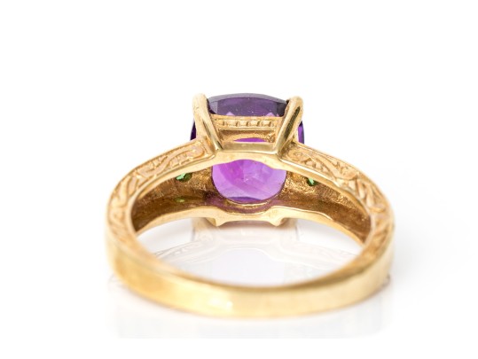 18k Yellow Gold Amethyst, Diamond And Tsavorite Garnet Ring Size 8