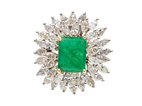 Exceptional 18K White Gold Emerald And Diamond Cocktail Ring, Size 8.25