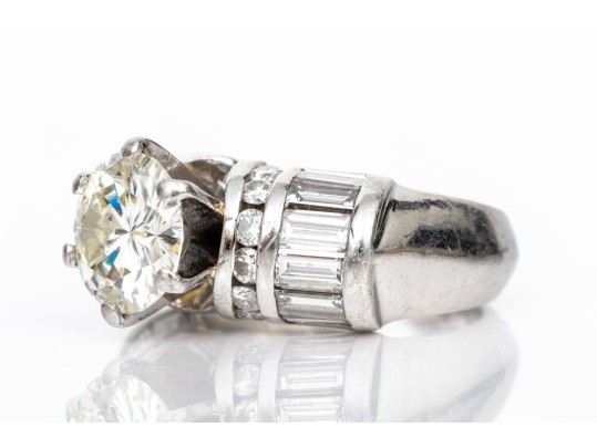 Heavy Platinum Baguette And Round Diamond Ring With Moissanite Center, Size 5.25