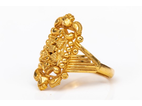 22k Yellow Gold Striking Etruscan Styled Elongated Braid And Bead Trimmed Ring, Size 5.75+