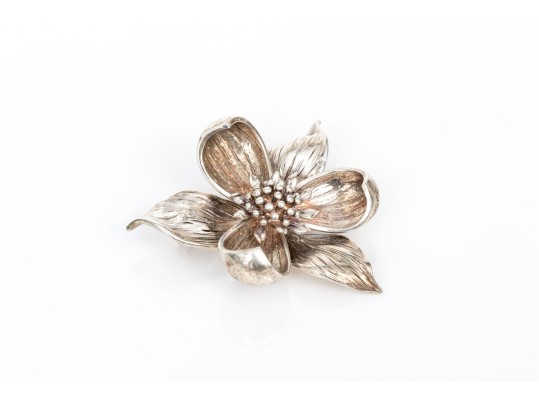 Tiffany & Co. Sterling Silver Beautiful Figural Orchid Brooch, With Suede Pouch