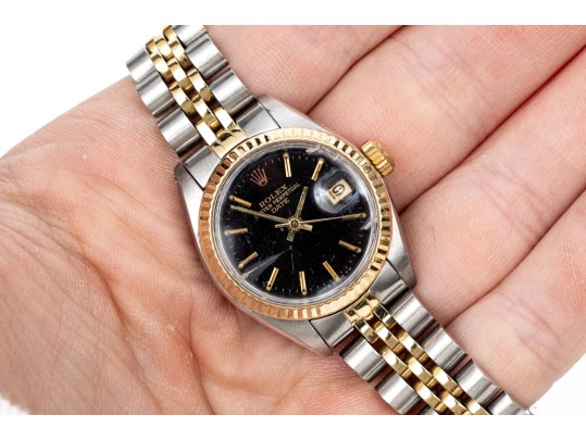 Rolex 14k Yellow Gold And Steel 26mm Date Wristwatch With Black Stick Dial And Jubilee Bracelet