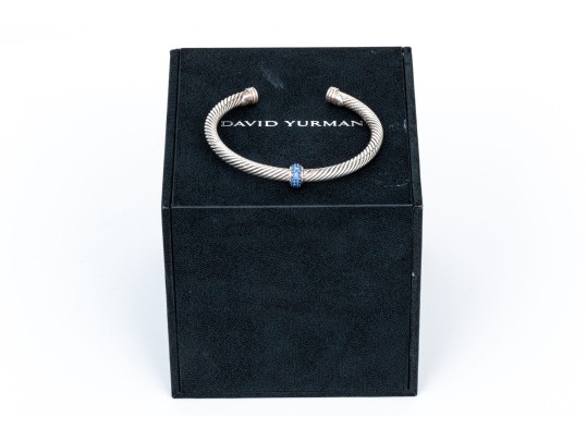 David Yurman Sterling Silver And Sapphire Classic Cable Station Cuff, App. 0.40 TCW, With Box