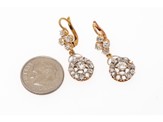 14k Yellow Gold Vintage Diamond Drop Cluster Pendant Earrings, App. 0.76 TCW