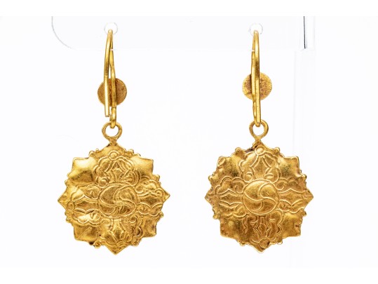 Majestic Pair Of Yellow Gold Navaratna Drop Pendant Earrings