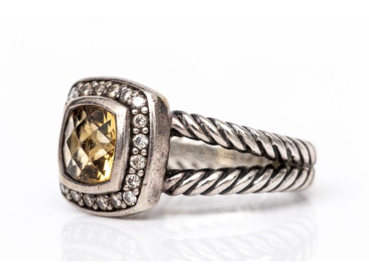 David Yurman Petite Albion Ring Sterling Silver With Citrine And Diamonds, Size 5.5-