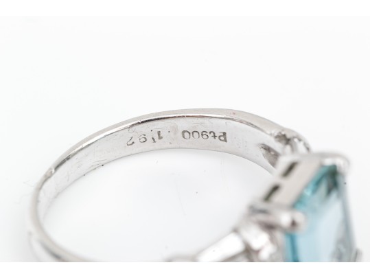 Platinum Pretty Aquamarine And Baguette Diamond Ring, Size 5.25