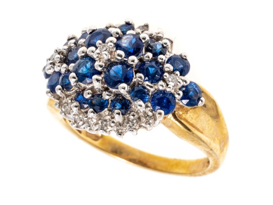 14k Yellow Gold Sapphire And Diamond Cluster Ring, App. 0.10 TCW In Diamonds, Size 5.75+