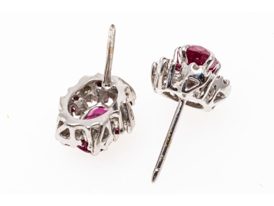 14k White Gold Ruby And Diamond Accented Cluster Earrings, App. 0.12 TCW