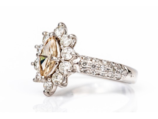 Platinum Champagne Marquise And Round White Diamond Ring, App. 0.90 TCW, Size 6.5
