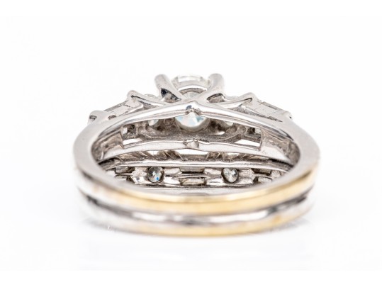 14k And 18k Round Baguette Diamond Ring, App. 1.07 TCW, With Attached Band, Size 4.5