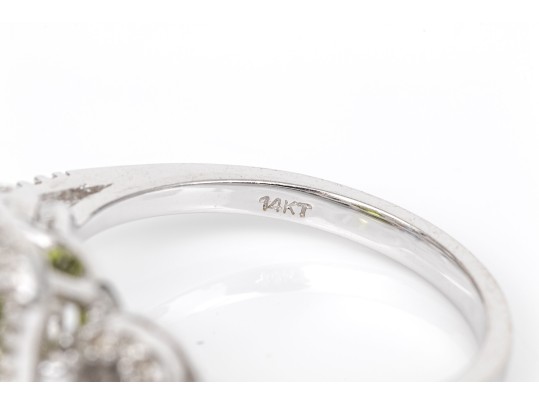 14k White Gold Lovely Emerald Cut Peridot And Diamond Halo Ring, App. 0.25 TCW, Size 7