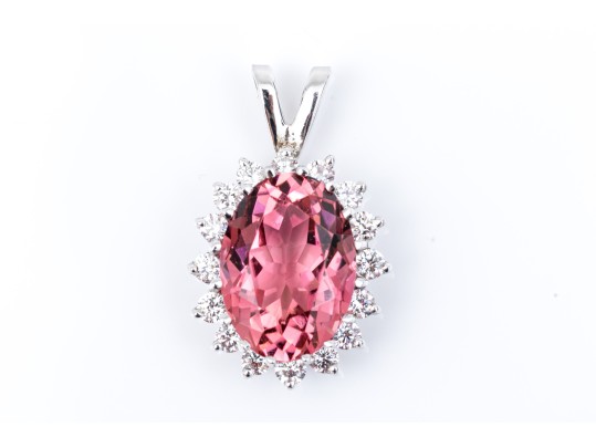 18k White Gold Stunning Impactful Pink Tourmaline And Diamond Halo Pendant, App. 0.48 TCW
