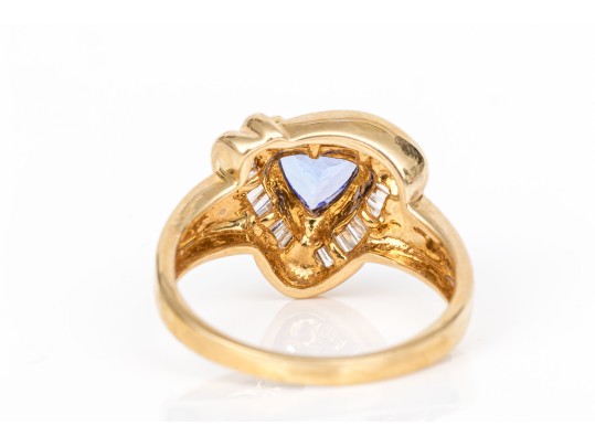 14k Yellow Gold Fabulous Contemporary Tanzanite And Baguette Diamond Halo Ring, Size 8.75