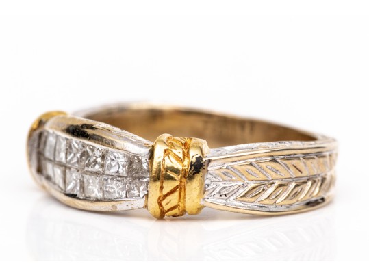 18k Yellow And White Gold Beautiful Princess Cut Diamond Band Ring, App. 0.84 TCW, Size 7