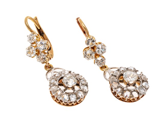 14k Yellow Gold Vintage Diamond Drop Cluster Pendant Earrings, App. 0.76 TCW