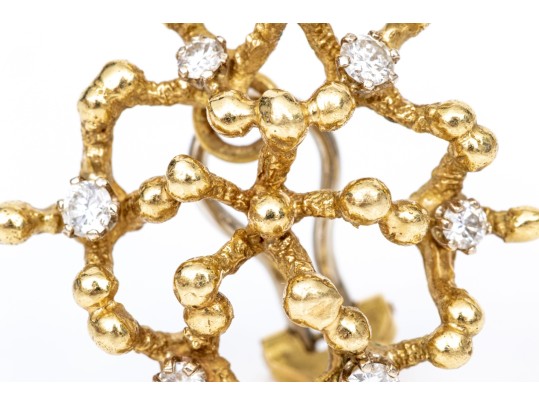 18k Yellow Gold Vintage Brutalist Diamond Set Cluster Earrings, App. 0.60 TCW