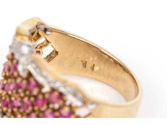 14k Gold Ultra Wide Ruby Set Lattice Patterned Dome Ring, Diamond Accented, Size 7.75+