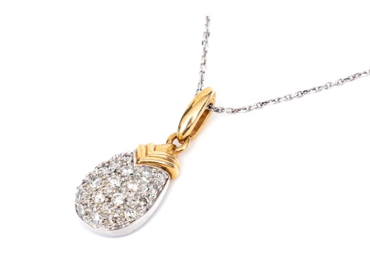 14k Gold Striking Pear Profile Pave Set Diamond Pendant, App. 0.28 TCW, With Chain