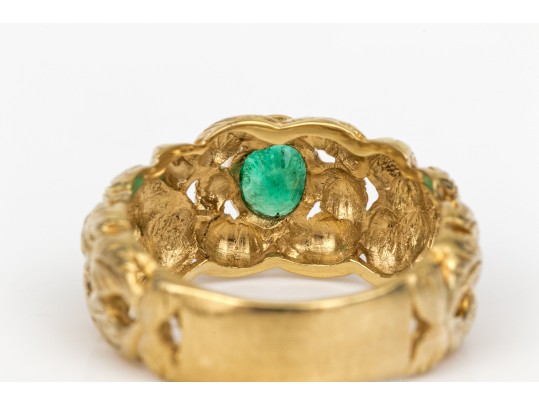18k Yellow Gold Emerald Set Foliate Dome Ring Size 6.5,