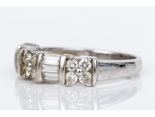 18k White Gold Baguette And Round Diamond Band Ring, App. 0.60 TCW, Size 7