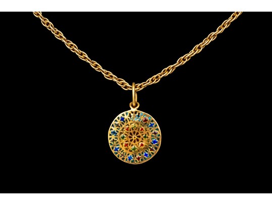 14k Yellow Gold Colorful Plique A Jour Pendant, With A Cable Style Chain