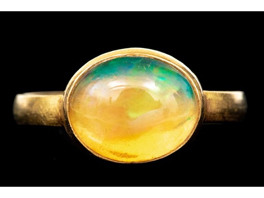 14k Yellow Gold Beautiful Oval Cabachon Bezel Set Fire Opal Ring, Size 7