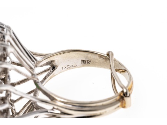 Exceptional 18K White Gold Emerald And Diamond Cocktail Ring, Size 8.25