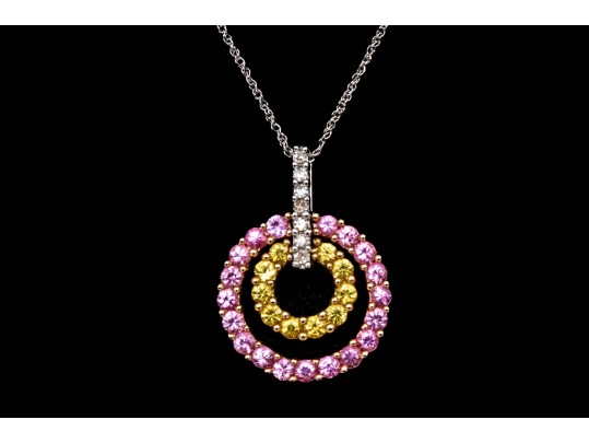 14k White Gold Nesting Pink And Yellow Sapphire And Diamond Circle Pendant Necklace