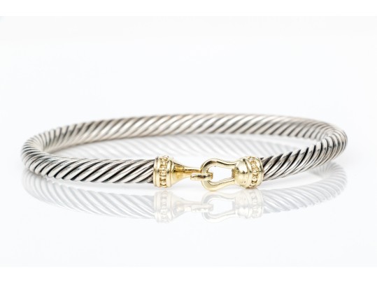 Sterling Silver Cable Bangle Bracelet With A 14k Yellow Gold Buckle Style Clasp