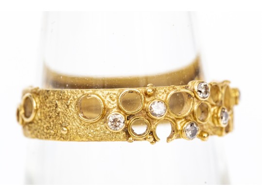 14k Yellow Gold Brutalist Textured Band Ring With Scattered Diamonds, App. 0.12 TCW, Size 7.75