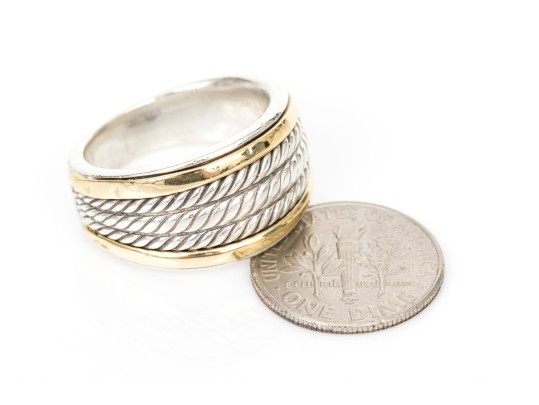 David Yurman Sterling Silver And 18k Yellow Gold Twisted Motif Dome Ring, Size 6.5